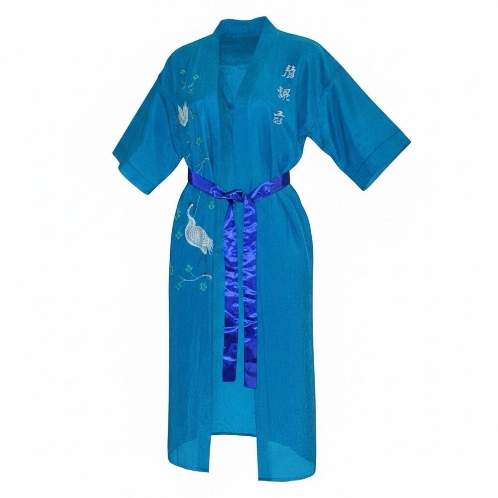 Vintage Silk Kimono Robe With Hand Embroidered Cranes & Satin Sash XL